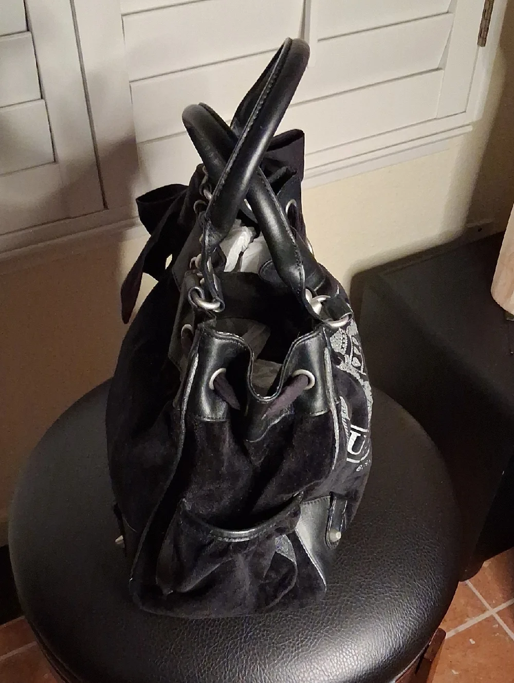 🖤💎Vintage Juicy Couture Black Leather Hobo Handbag W/Clear Gems RARE! Sz M